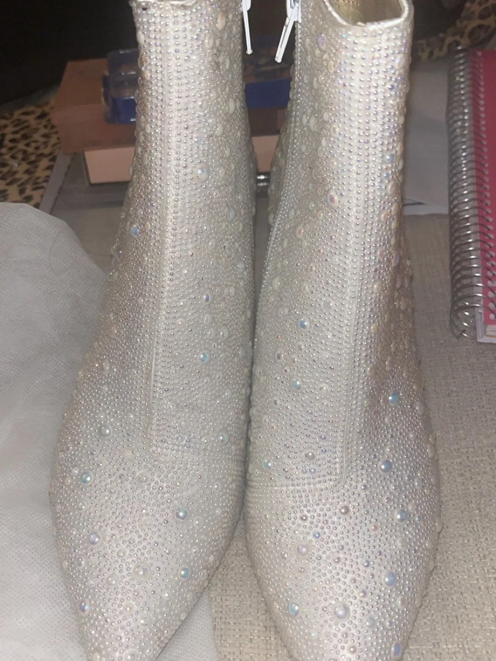 Betsey Johnson Ivory Pearl & Crystal Embellished Block Heel Ankle Booties